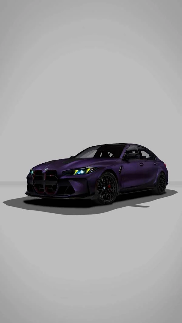2027 BMW M3 CS Handschalter in deep purple metallic, three-quarter front view against neutral background, showcasing aggress…