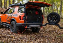 Honda Racing Corporation Takes 2026 Passport TrailSport HRC Concept on Six-Stop Overlanding Tour Orange 2026 Honda Passport TrailSport HRC concept with open tailgate and roof rack, parked in autumn forest with spare tire…
