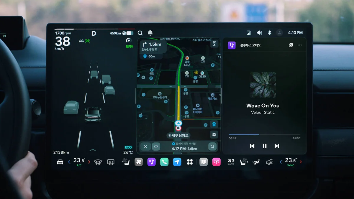 Hyundai Pleos Connect infotainment display showing navigation map, vehicle speed at 38 km/h, and music player interface on c…