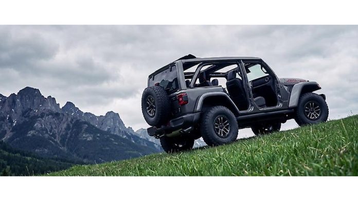 jeep-wrangler-rocky-mountain-392-canada-exclusive-featured-1 2027 Jeep Wrangler Rocky Mountain 392 parked on grassy hillside with doors open, mountain peaks visible in background under…