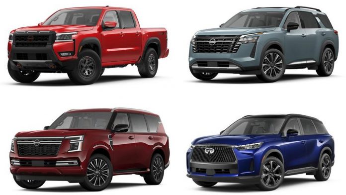 Four Nissan vehicles displayed: red pickup truck, gray three-row SUV, burgundy full-size SUV, and blue luxury SUV representi…