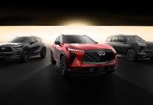Nissan Confirms INFINITI Expansion with Four New Models, U.S.-Built Body-on-Frame Platform Three INFINITI new models lined up: red center SUV with bold grille, black left and right variants, showcasing the expanded…