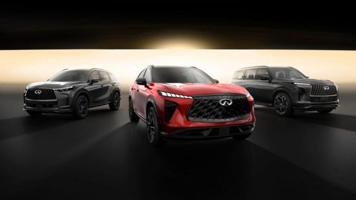 Three INFINITI new models lined up: red center SUV with bold grille, black left and right variants, showcasing the expanded…