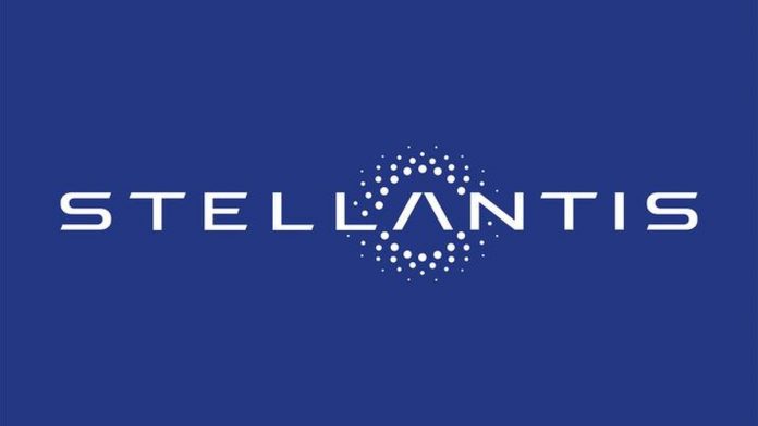 Stellantis logo with white text and geometric dot pattern symbol on deep blue background representing the automotive company…